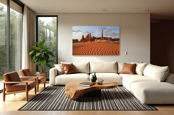 A modern living room displays an image found under The Americas Tab / Monument Valley.