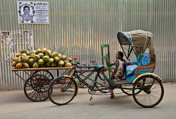 Young Lady, Rikshaw & Coconut Cart